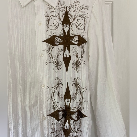 POP ICON Crinkle Long Sleeve Button front White Shirt- Embroidered Cross Sze S - Picture 7 of 12
